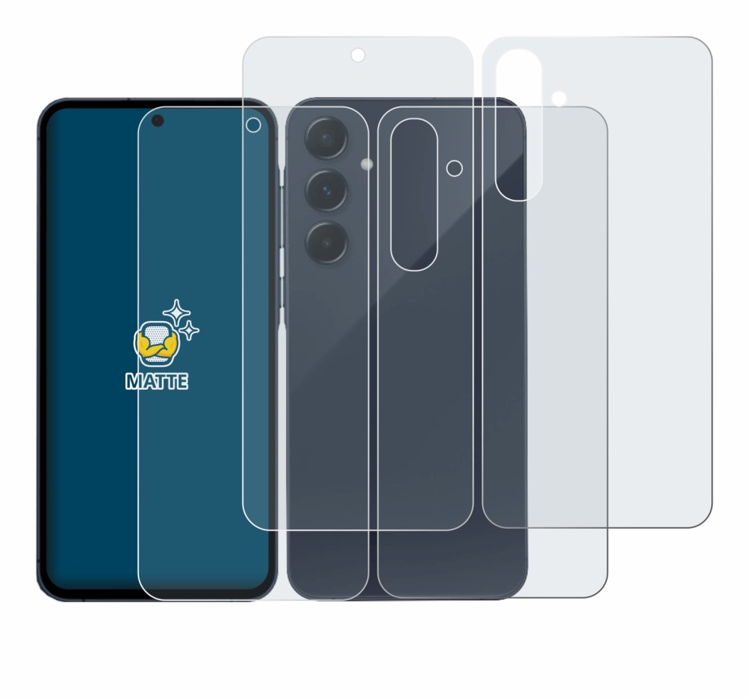 Abbildung des Geräts Samsung Galaxy A55 5G (Display+Rückseite) mit einer Vielzahl des Displayschutzes.