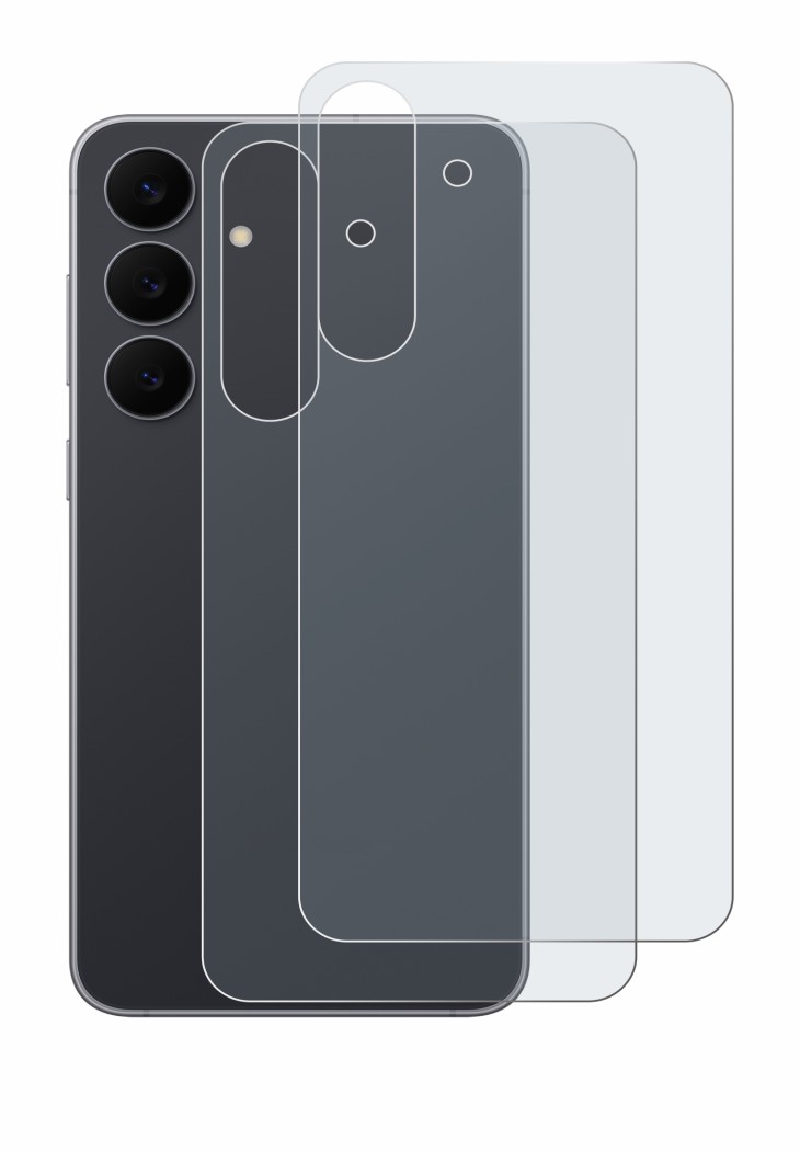 Abbildung des Geräts Samsung Galaxy S25 FE (Rückseite) mit einer Vielzahl des Displayschutzes.