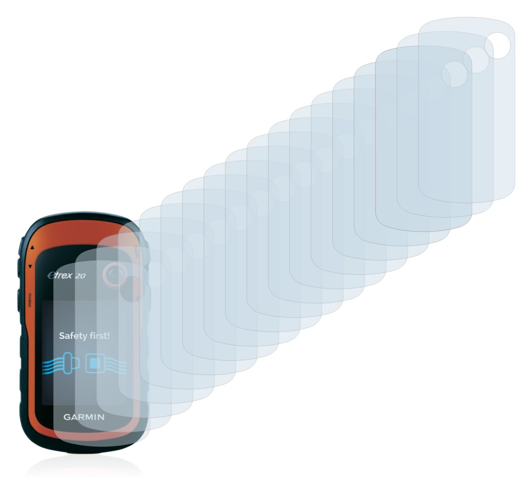 Immagine del dispositivo Garmin eTrex 20 con un'ampia varietà di protezioni per lo schermo.