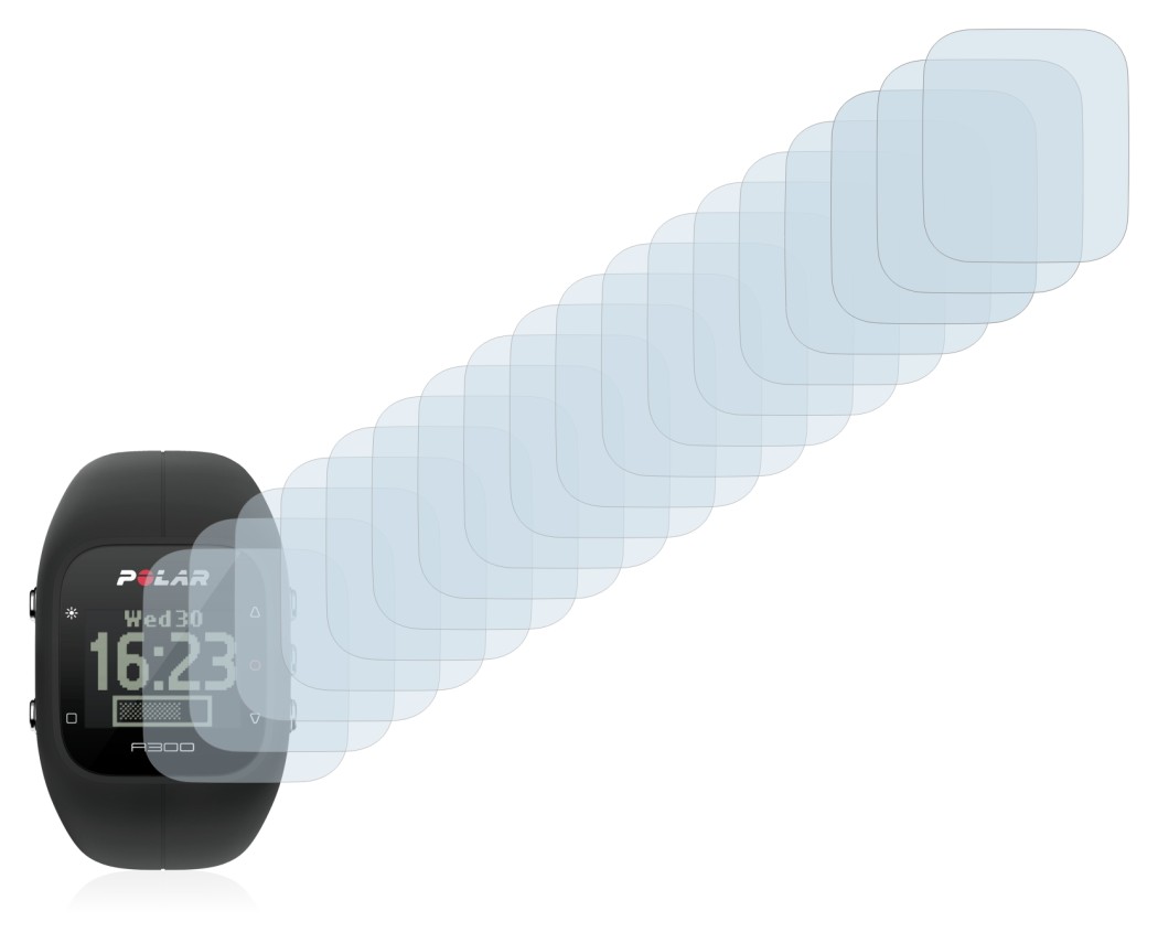 Image of the device Polar A300 with a wide variety of screen protectors.