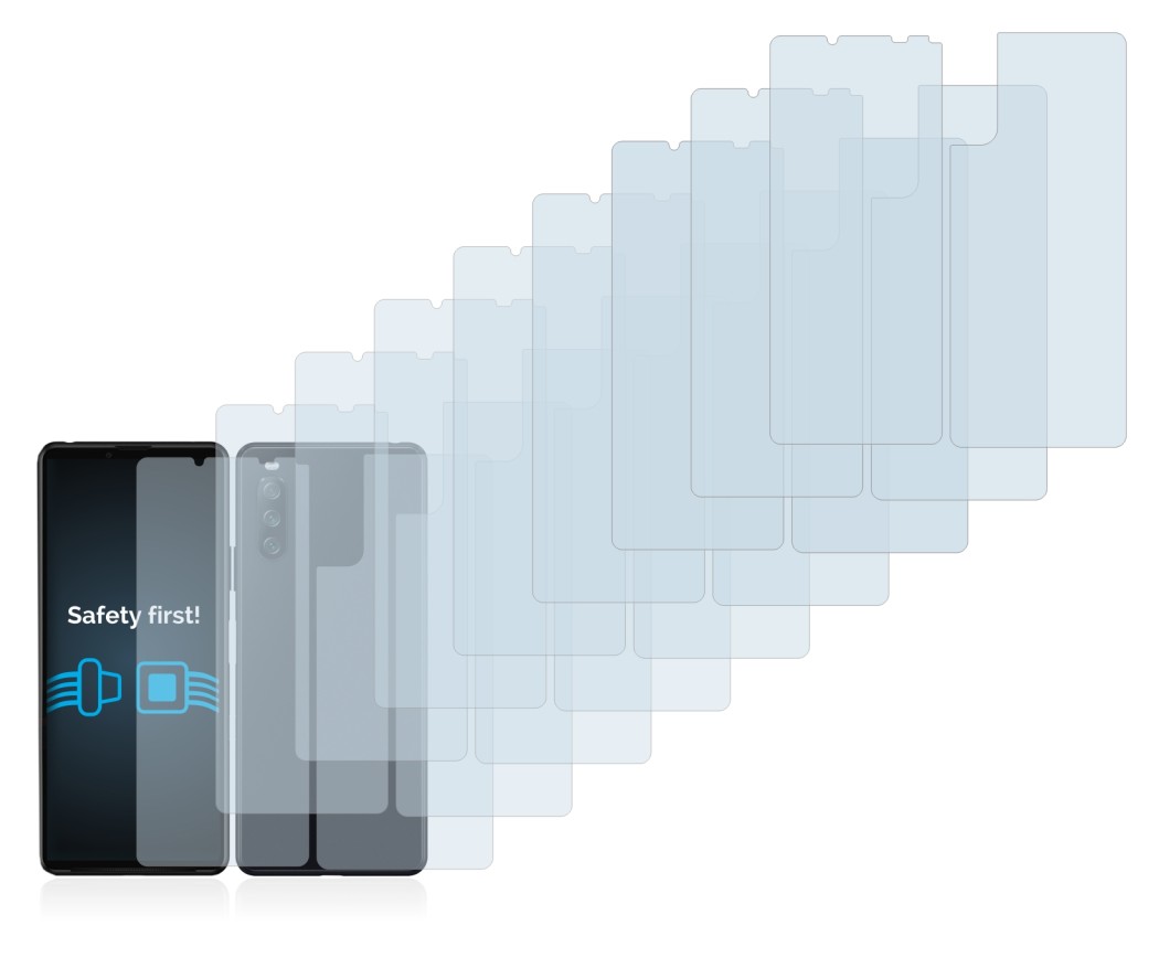 Abbildung des Geräts Sony Xperia 10 III (Display+Rückseite) mit einer Vielzahl des Displayschutzes.
