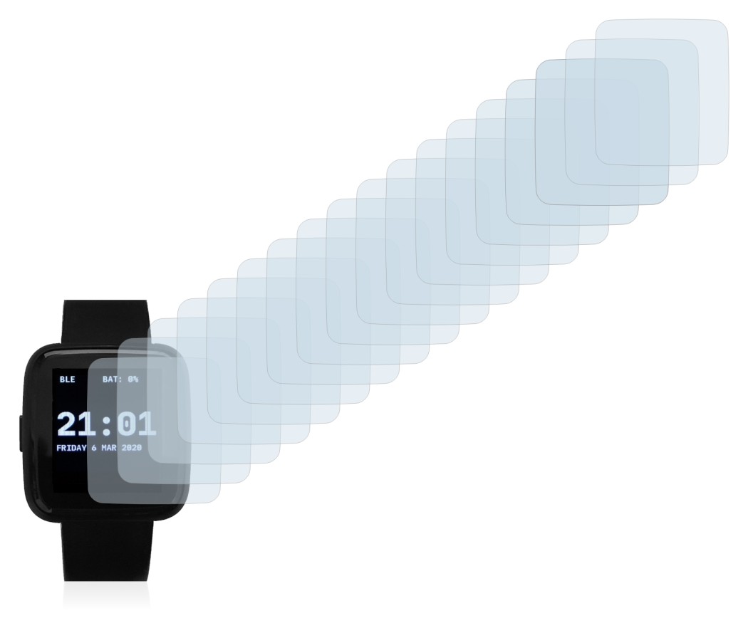 Image of the device Pine64 PineTime with a wide variety of screen protectors.