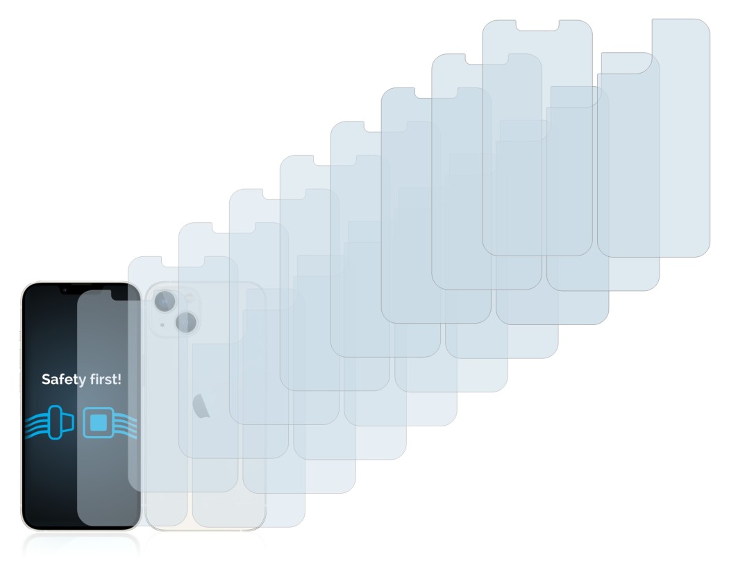Abbildung des Geräts Apple iPhone 13 (Display+Rückseite) mit einer Vielzahl des Displayschutzes.
