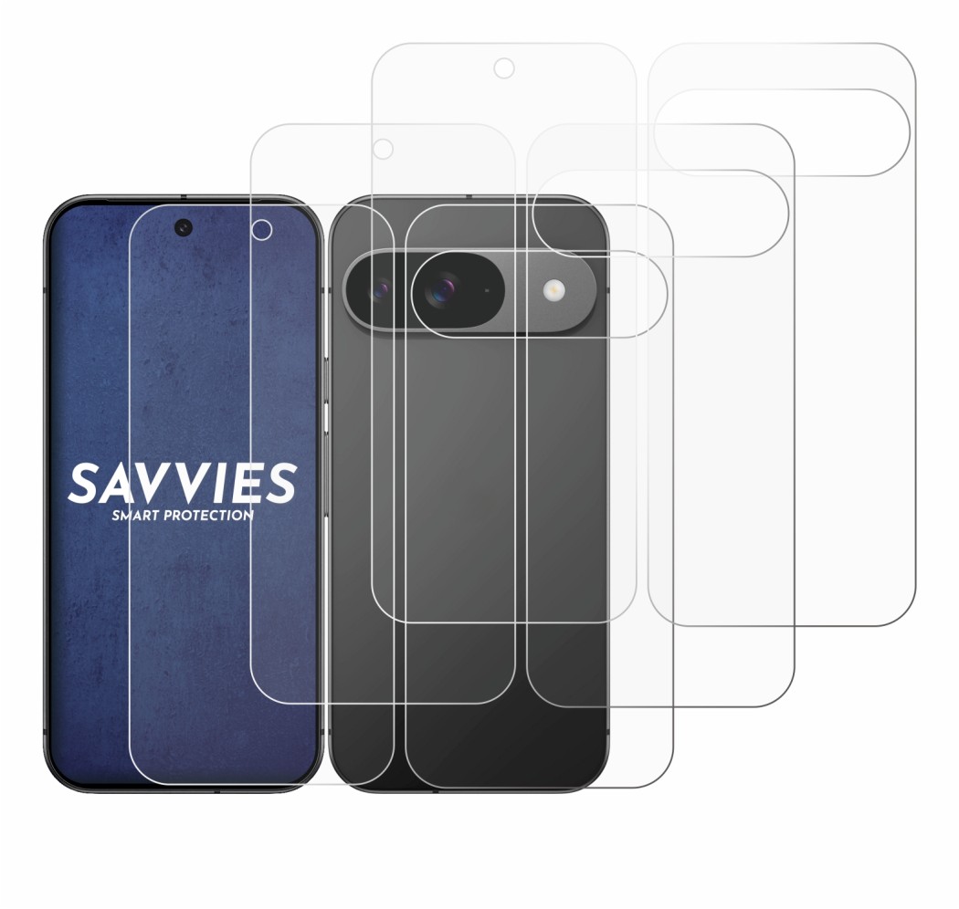 Immagine del dispositivo Google Pixel 9 (Fronte+Retro) con un'ampia varietà di protezioni per lo schermo.