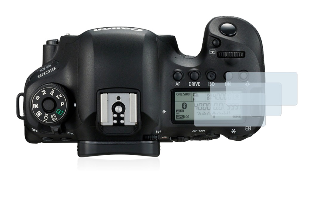 Image of the device Canon EOS 6D (top plate display) with a wide variety of screen protectors.