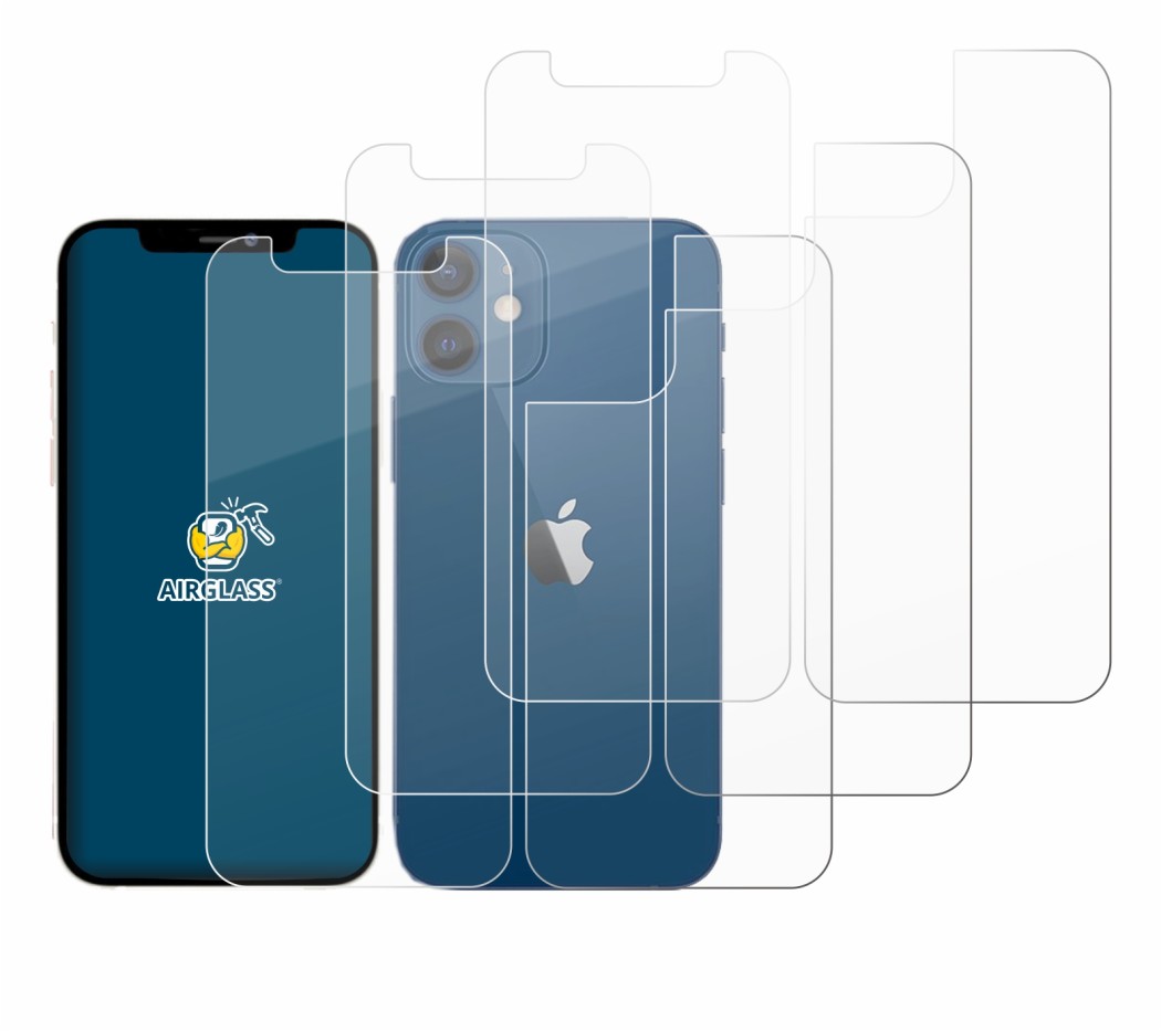 Imagen del dispositivo Apple iPhone 12 mini (Frontal+Trasero) con una amplia variedad de protectores de pantalla.