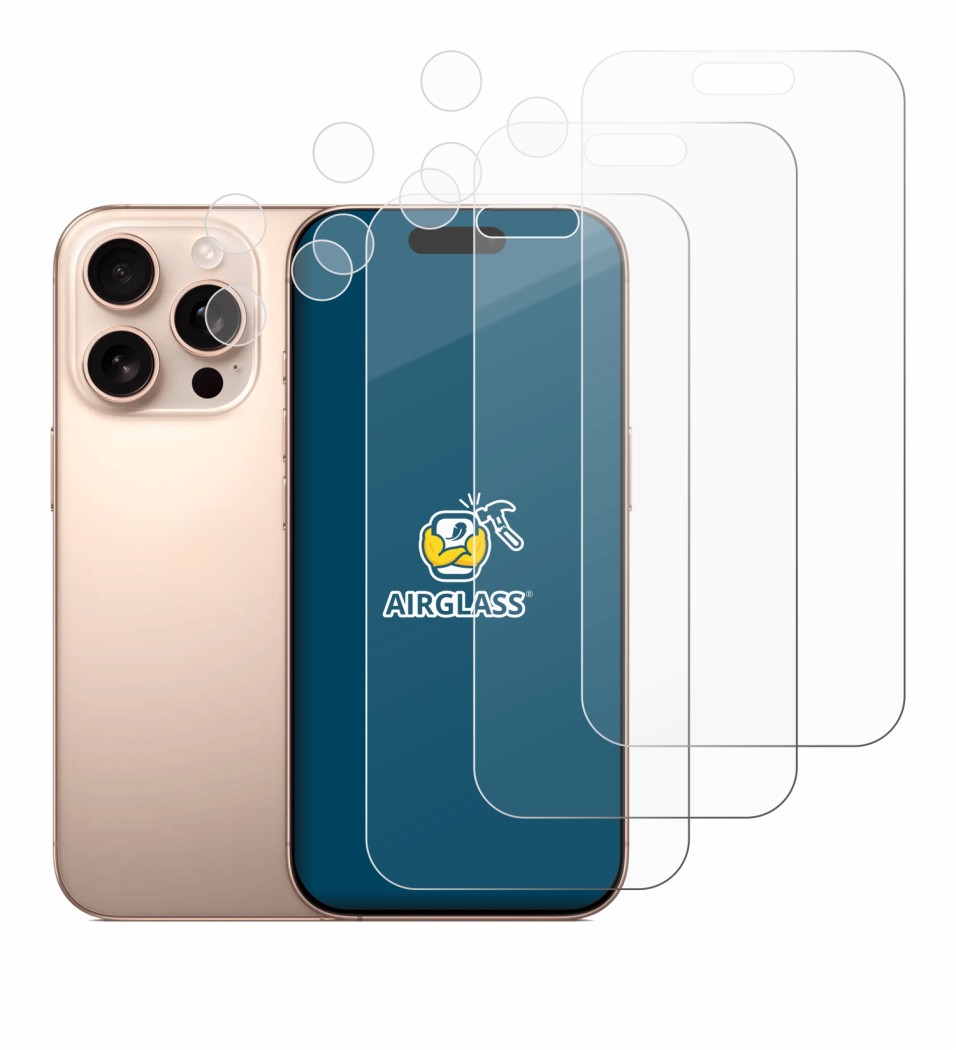 Image of the device Apple iPhone 16 Pro (Front+Camera) with a wide variety of screen protectors.