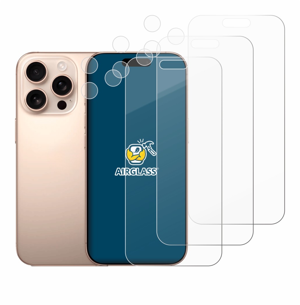 Imagen del dispositivo Apple iPhone 16 Pro Max (Frontal+Cámara) con una amplia variedad de protectores de pantalla.