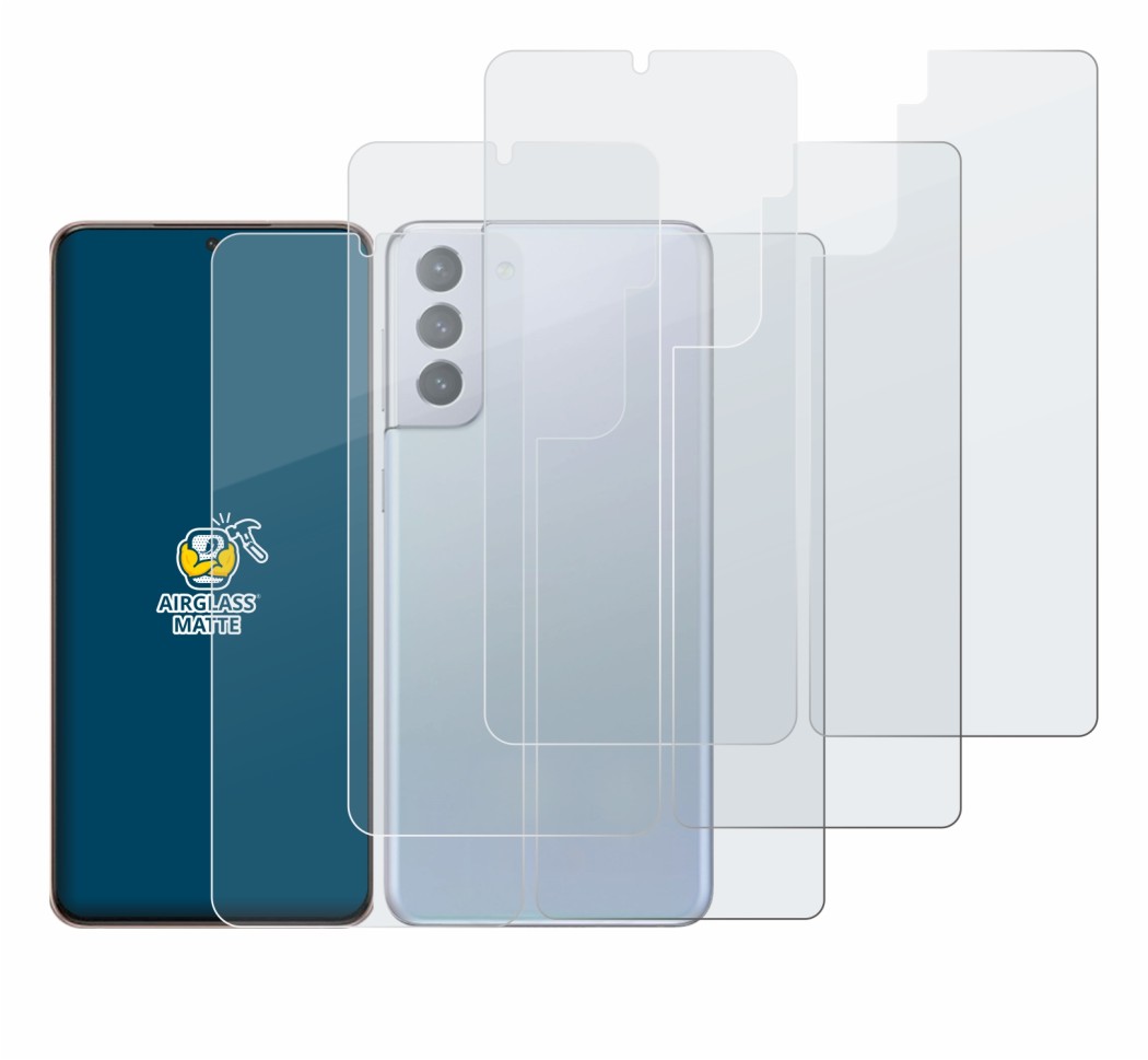 Abbildung des Geräts Samsung Galaxy S21 Plus 5G (Display+Rückseite) mit einer Vielzahl des Displayschutzes.