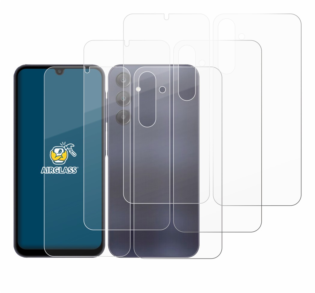 Abbildung des Geräts Samsung Galaxy A25 5G (Display+Rückseite) mit einer Vielzahl des Displayschutzes.