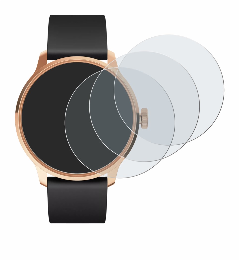 Abbildung des Geräts Withings ScanWatch Light mit einer Vielzahl des Displayschutzes.