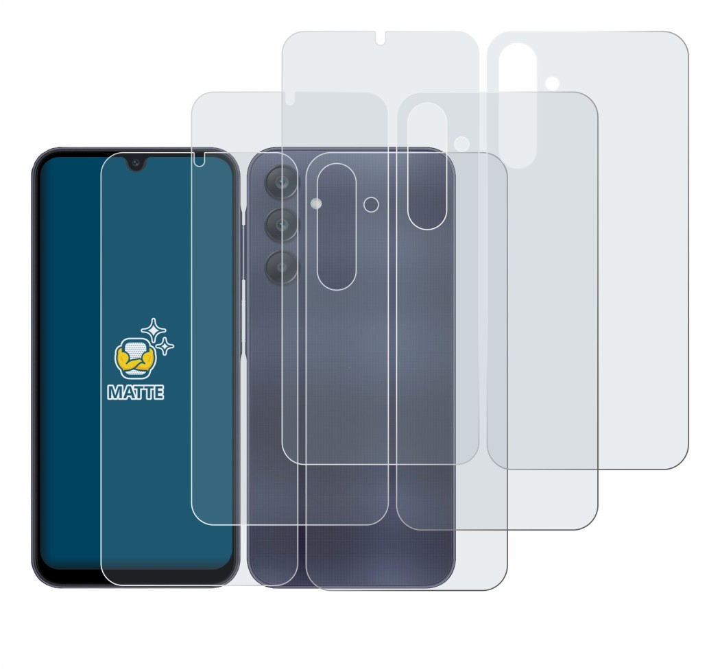 Abbildung des Geräts Samsung Galaxy A25 5G (Display+Rückseite) mit einer Vielzahl des Displayschutzes.