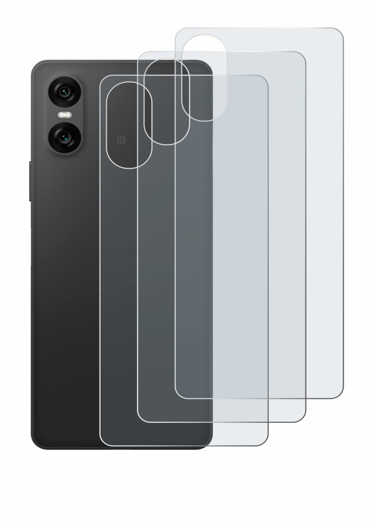 Abbildung des Geräts Sony Xperia 10 VI (Rückseite) mit einer Vielzahl des Displayschutzes.