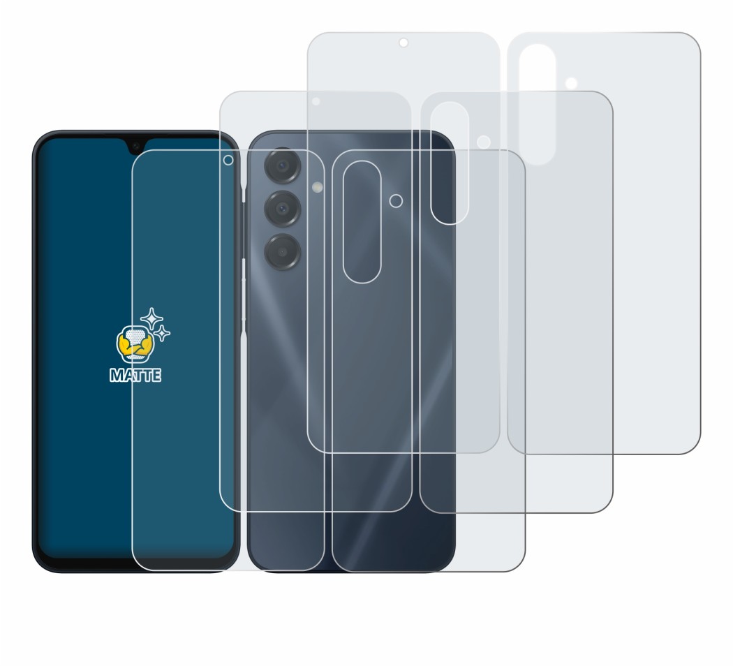 Abbildung des Geräts Samsung Galaxy A16 5G (Display+Rückseite) mit einer Vielzahl des Displayschutzes.