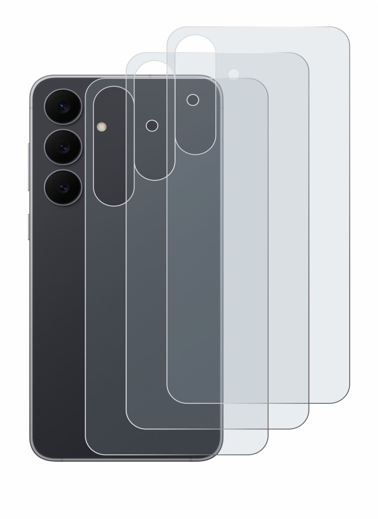 Abbildung des Geräts Samsung Galaxy S25 FE (Rückseite) mit einer Vielzahl des Displayschutzes.