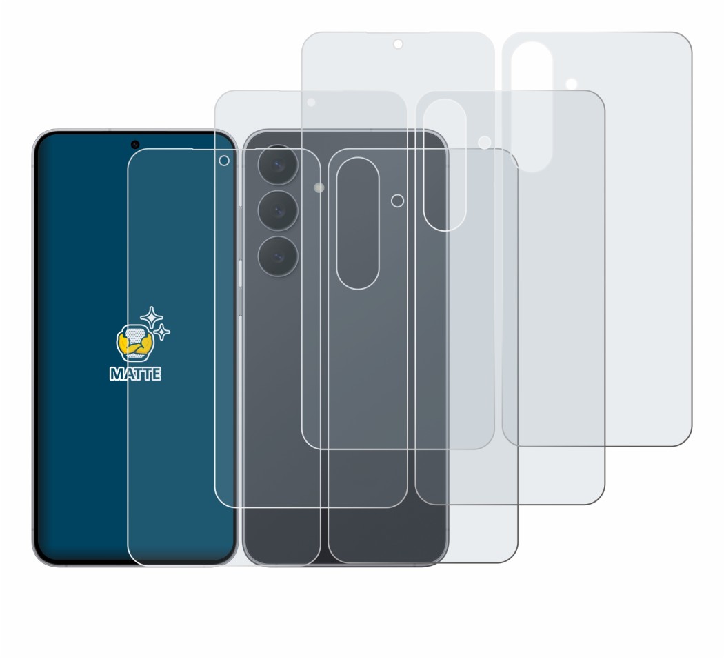 Abbildung des Geräts Samsung Galaxy S25 FE (Display+Rückseite) mit einer Vielzahl des Displayschutzes.