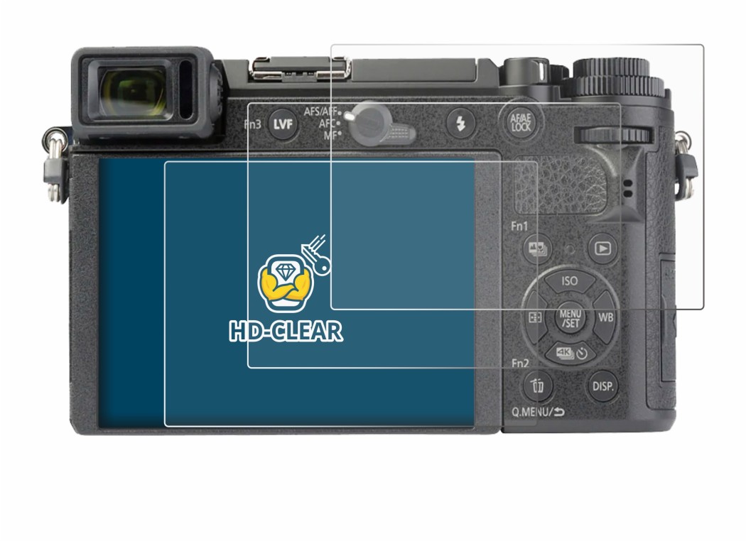 Abbildung des Geräts Panasonic Lumix DC-GX9 mit einer Vielzahl des Displayschutzes.