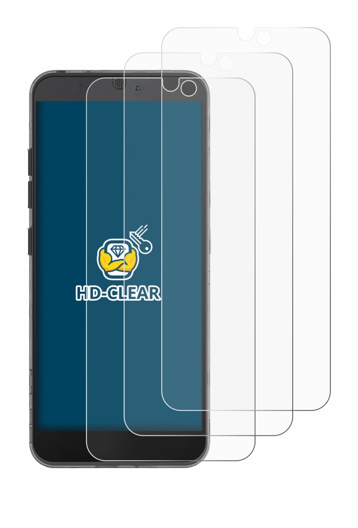 Image of the device Fairphone 3 with a wide variety of screen protectors.