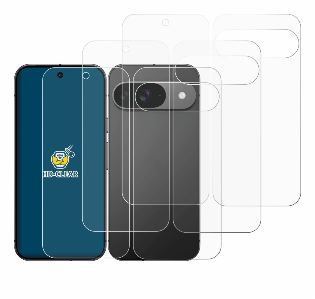Image of the device Google Pixel 9 (Front+Back) with a wide variety of screen protectors.