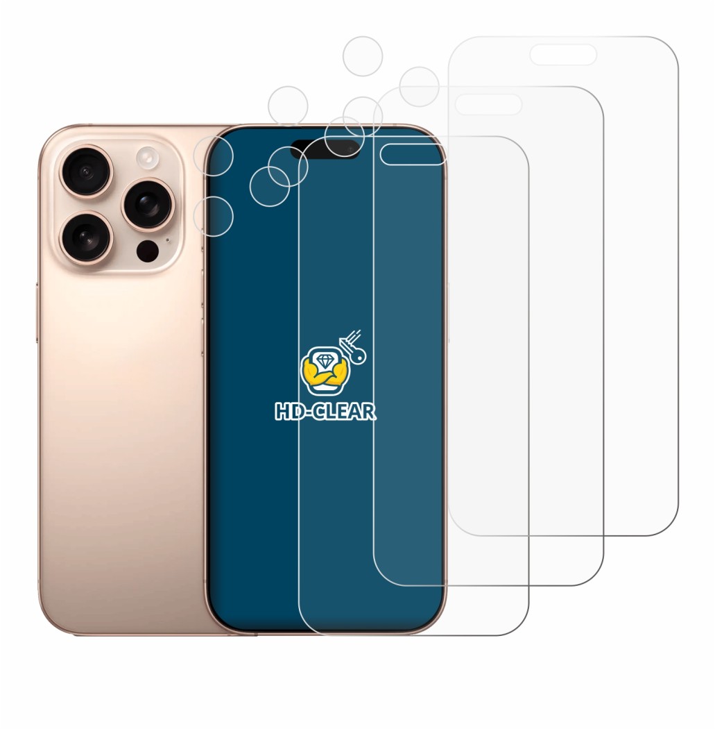 Imagen del dispositivo Apple iPhone 16 Pro Max (Frontal+Cámara) con una amplia variedad de protectores de pantalla.