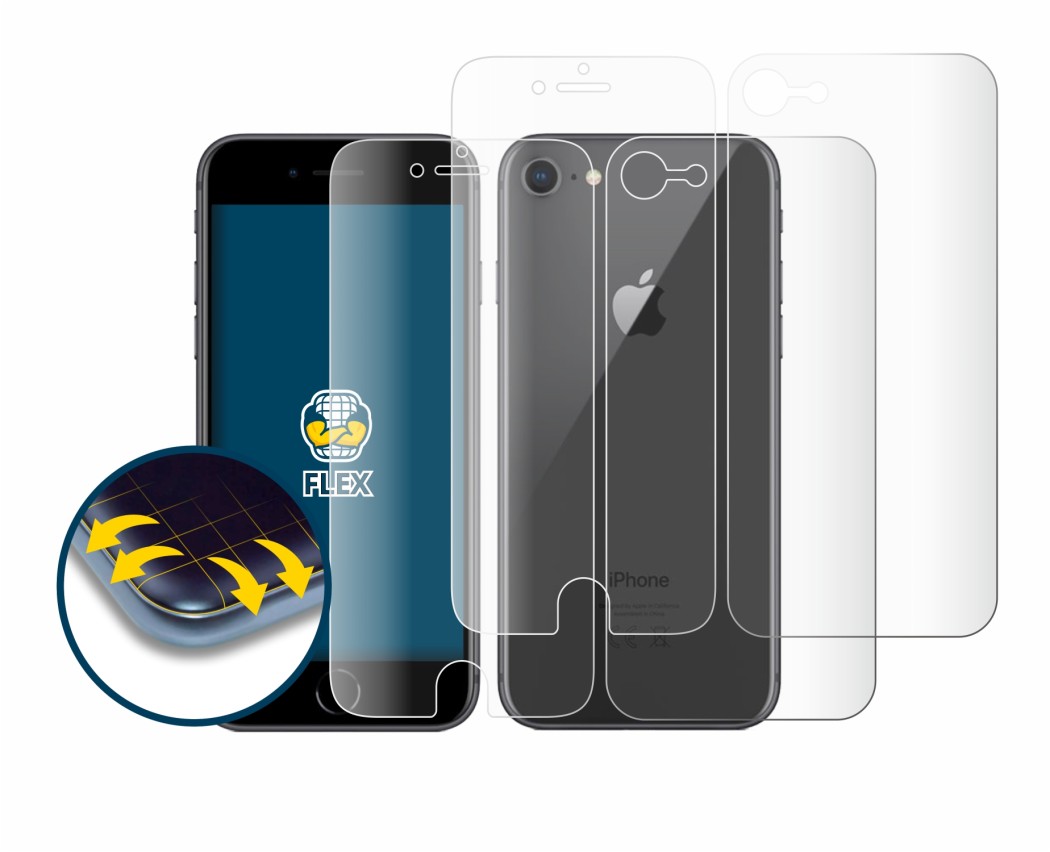 Image de l'appareil Apple iPhone 8 (Avant+Arrière) avec une grande variété de protections d'écran.