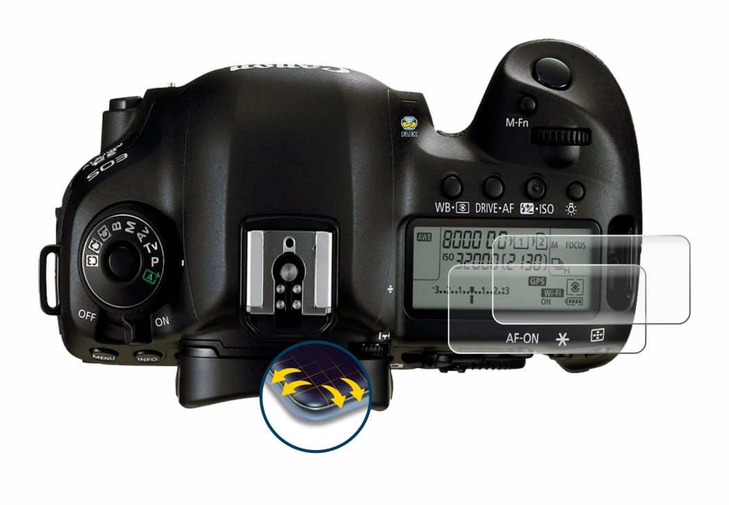 Image of the device Canon EOS 5D Mark IV (top plate display) with a wide variety of screen protectors.