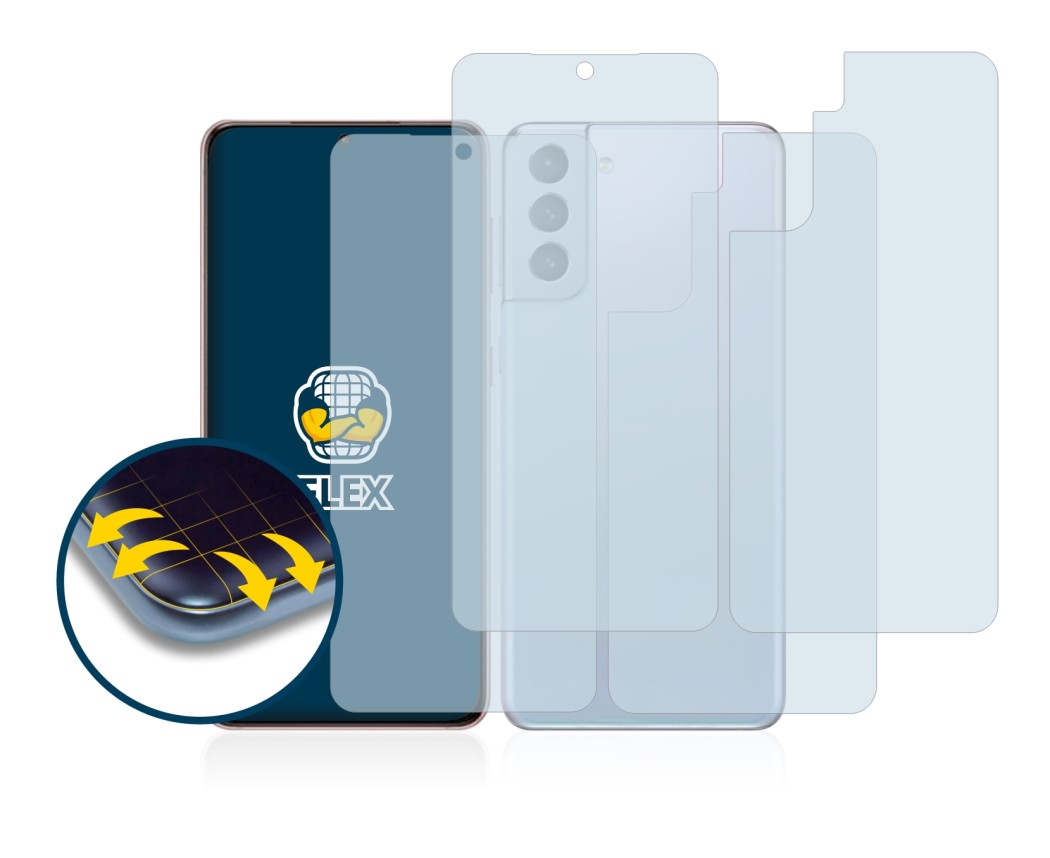 Immagine del dispositivo Samsung Galaxy S21 5G (Fronte+Retro) con un'ampia varietà di protezioni per lo schermo.