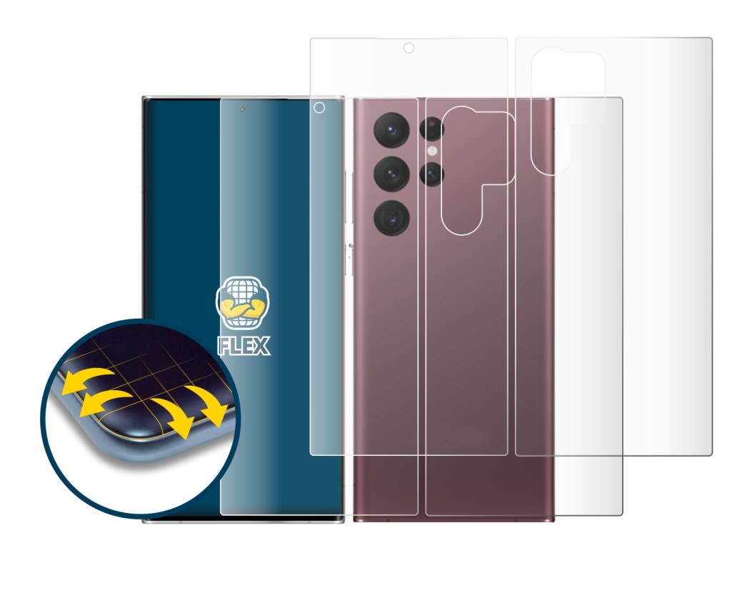 Image de l'appareil Samsung Galaxy S22 Ultra 5G (Avant+Arrière) avec une grande variété de protections d'écran.