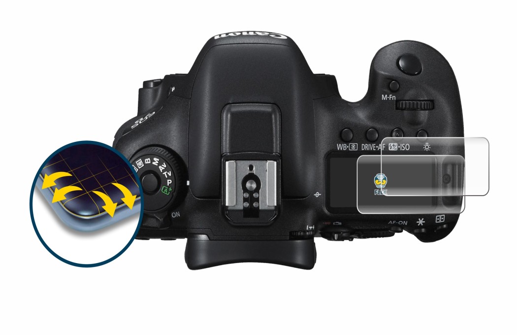 Image of the device Canon EOS 7D Mark II (top plate display) with a wide variety of screen protectors.