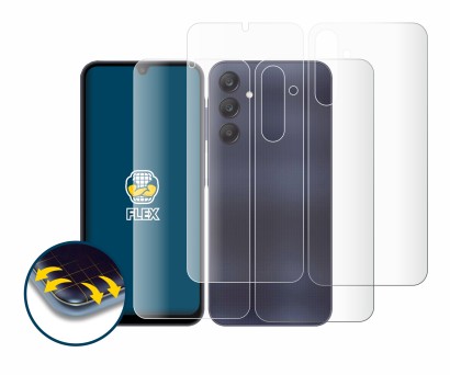 Abbildung des Geräts Samsung Galaxy A25 5G (Display+Rückseite) mit einer Vielzahl des Displayschutzes.