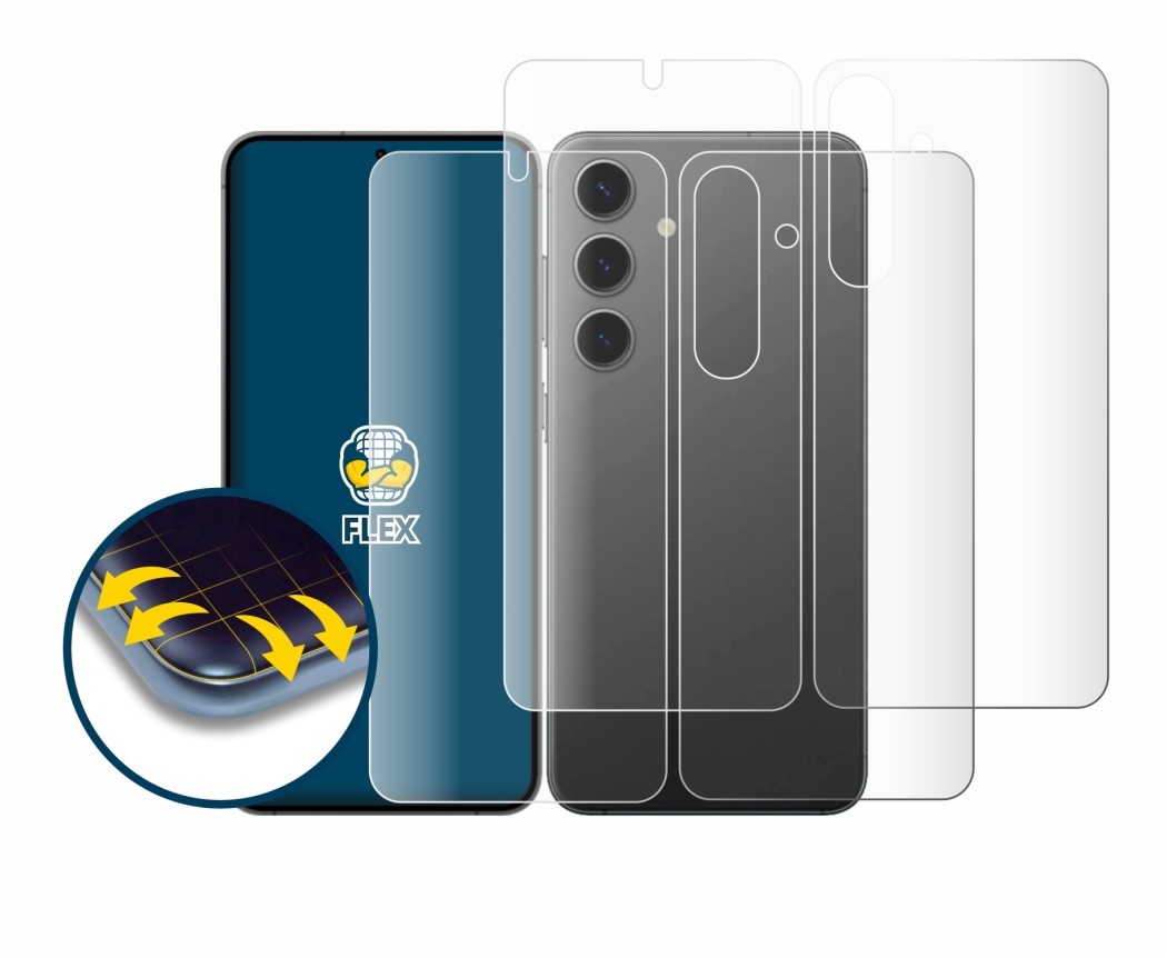 Imagen del dispositivo Samsung Galaxy S24 (Frontal+Trasero) con una amplia variedad de protectores de pantalla.