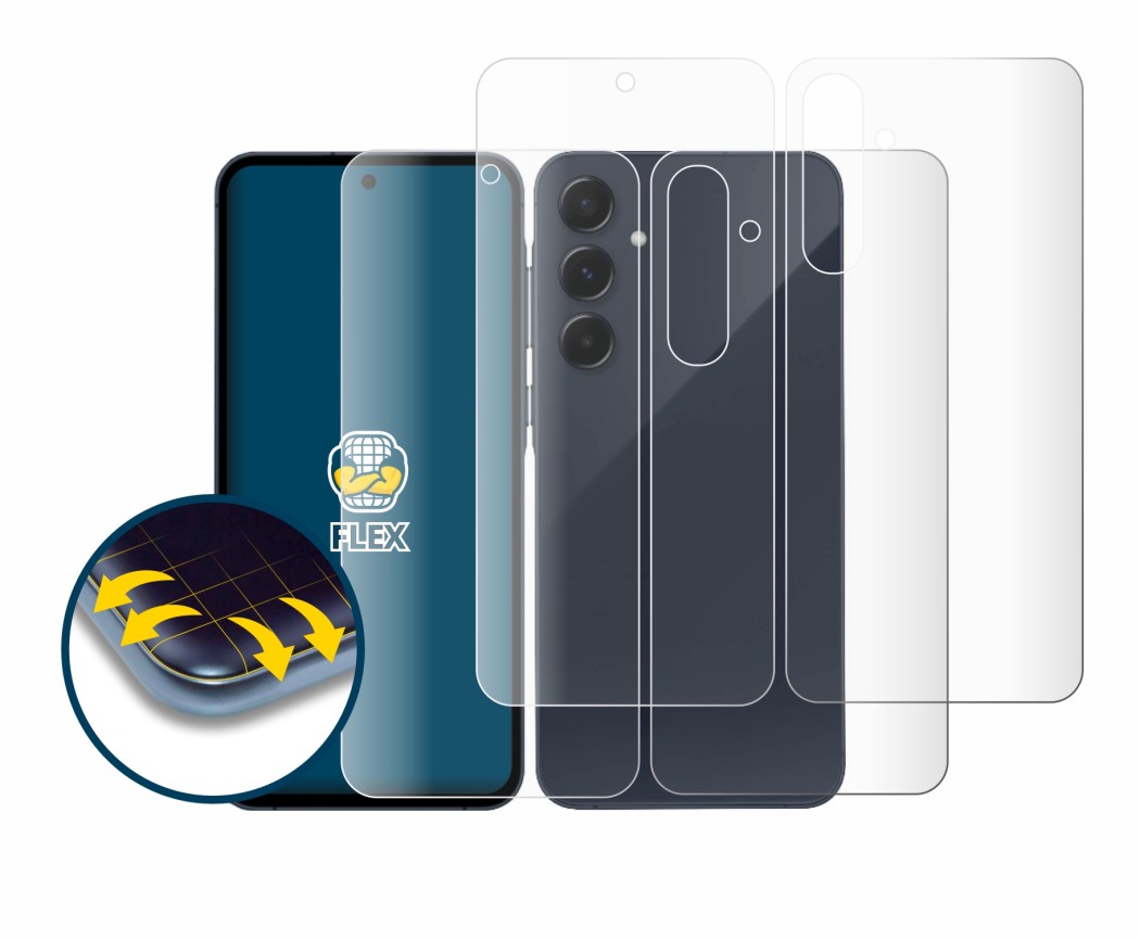 Imagen del dispositivo Samsung Galaxy A55 5G (Frontal+Trasero) con una amplia variedad de protectores de pantalla.