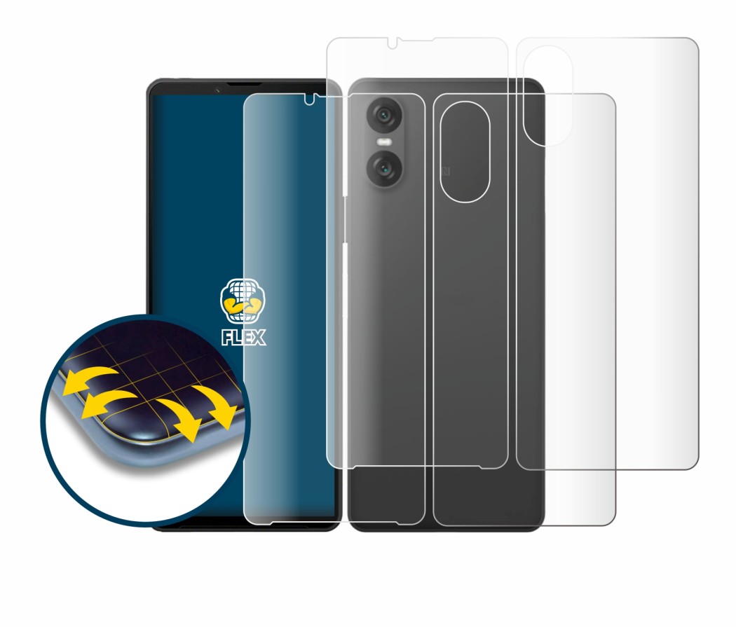 Abbildung des Geräts Sony Xperia 10 VI (Display+Rückseite) mit einer Vielzahl des Displayschutzes.