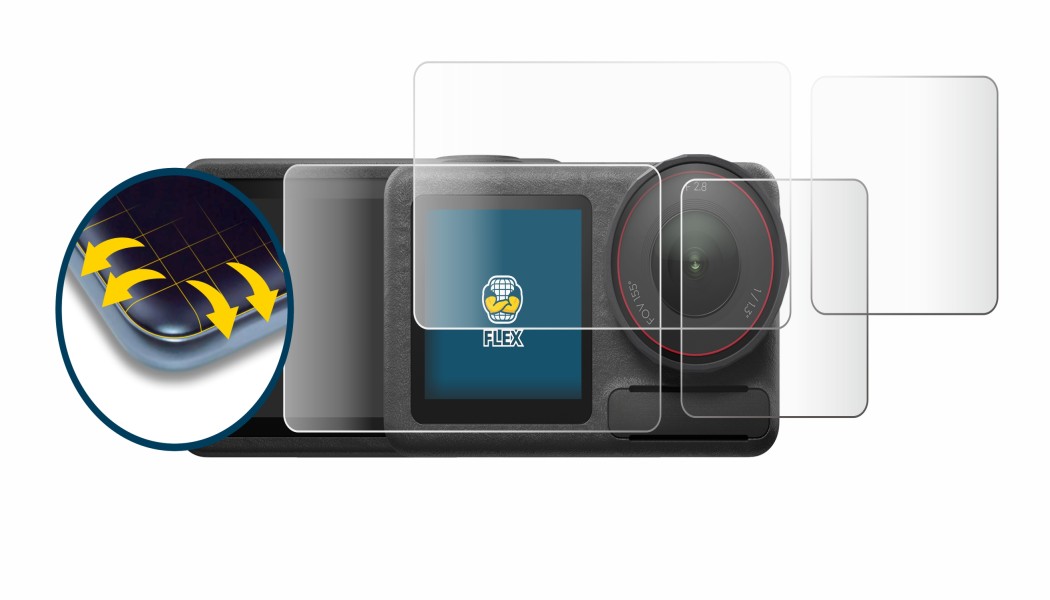 Image of the device DJI Osmo Action 5 Pro with a wide variety of screen protectors.