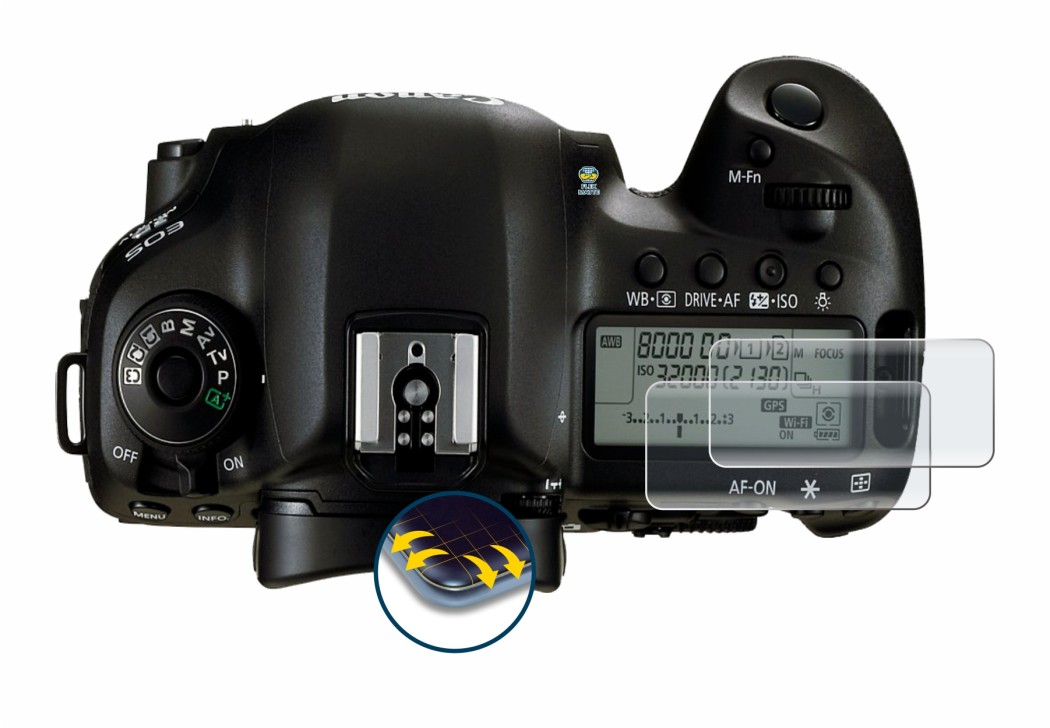 Image of the device Canon EOS 5D Mark IV (top plate display) with a wide variety of screen protectors.