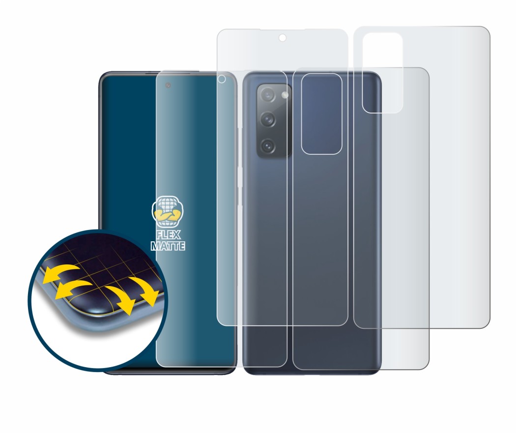 Imagen del dispositivo Samsung Galaxy S20 FE (Frontal+Trasero) con una amplia variedad de protectores de pantalla.