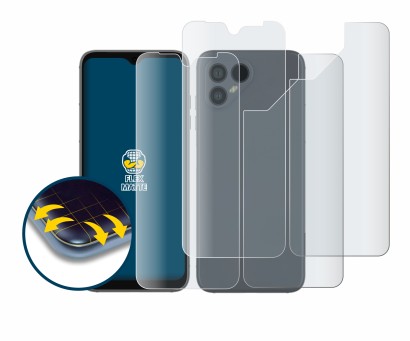 Abbildung des Geräts Fairphone 4 (Display+Rückseite) mit einer Vielzahl des Displayschutzes.