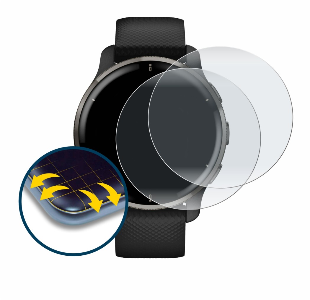 Image de l'appareil Garmin Venu 2 Plus avec une grande variété de protections d'écran.