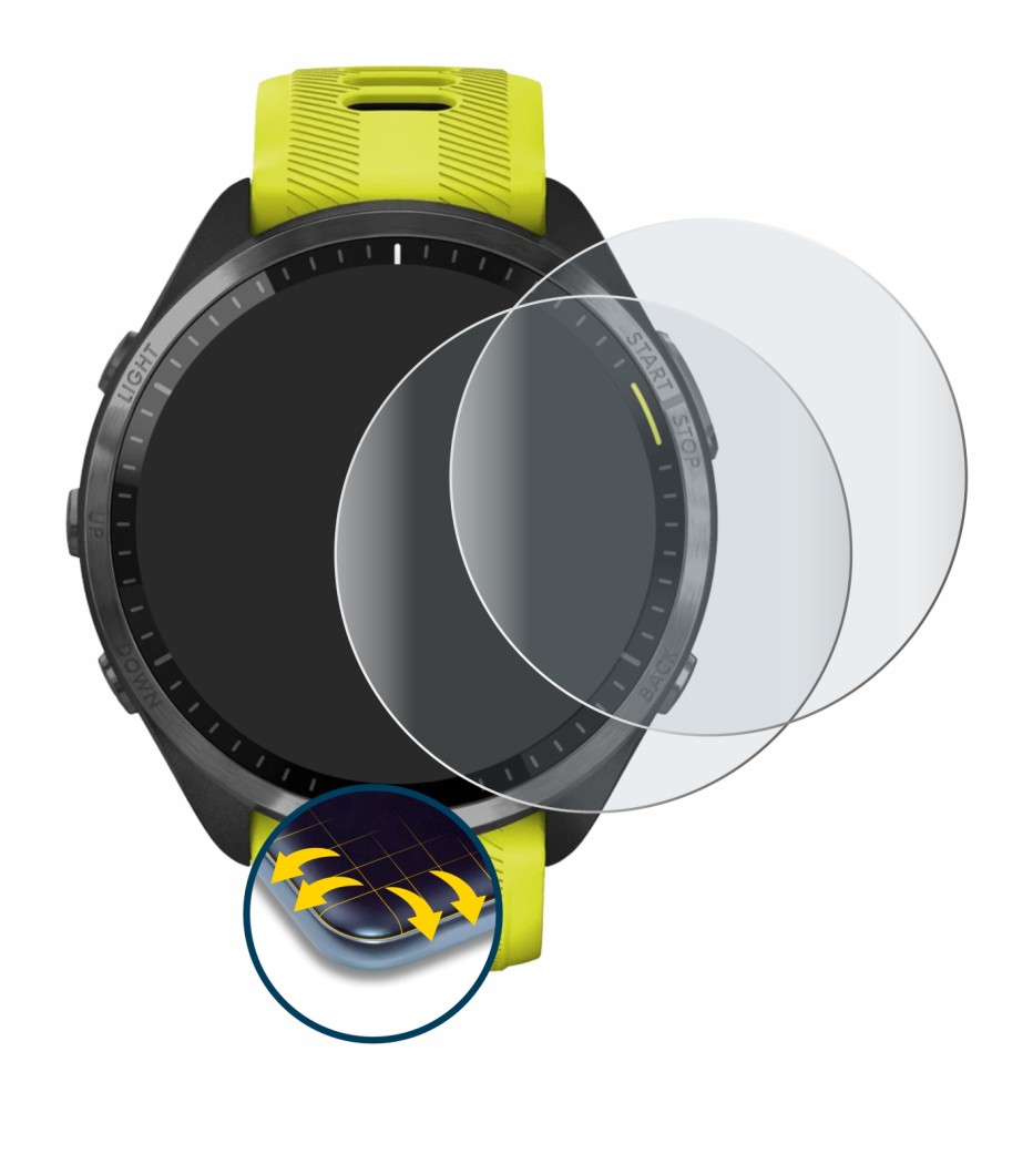 Abbildung des Geräts Garmin Forerunner 965 mit einer Vielzahl des Displayschutzes.