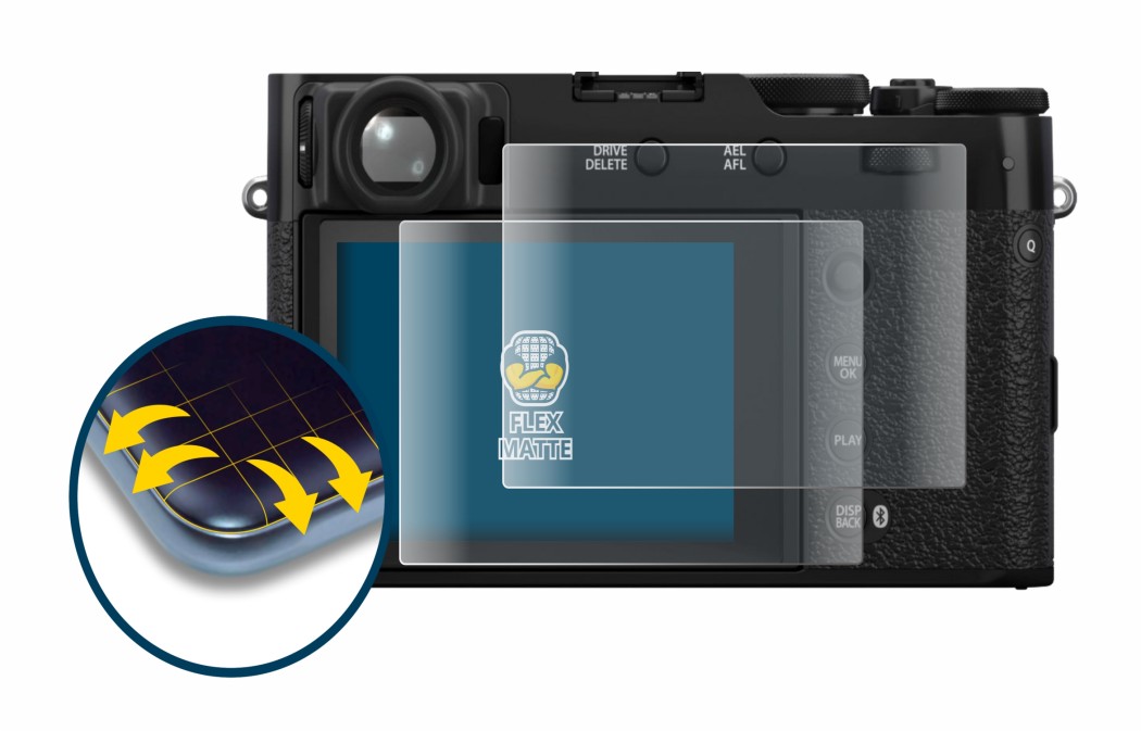 Abbildung des Geräts Fujifilm X100VI mit einer Vielzahl des Displayschutzes.