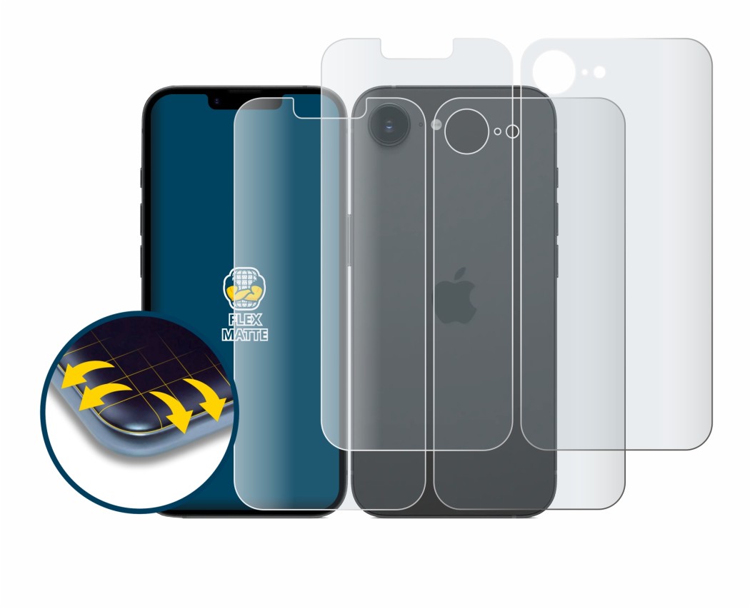 Imagen del dispositivo Apple iPhone 17e (Frontal+Trasero) con una amplia variedad de protectores de pantalla.