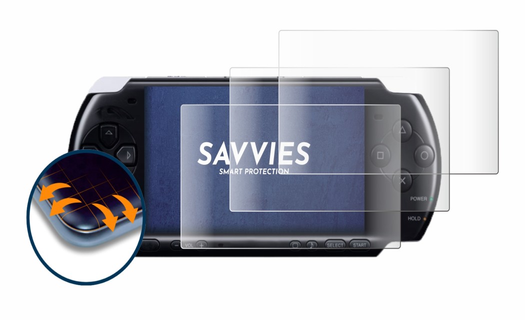 Image of the device Sony PSP 3004 with a wide variety of screen protectors.