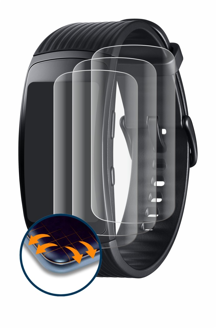 Imagen del dispositivo Samsung Gear Fit 2 Pro con una amplia variedad de protectores de pantalla.