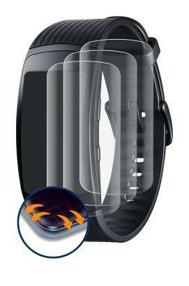 Imagen del dispositivo Samsung Gear Fit 2 Pro con una amplia variedad de protectores de pantalla.