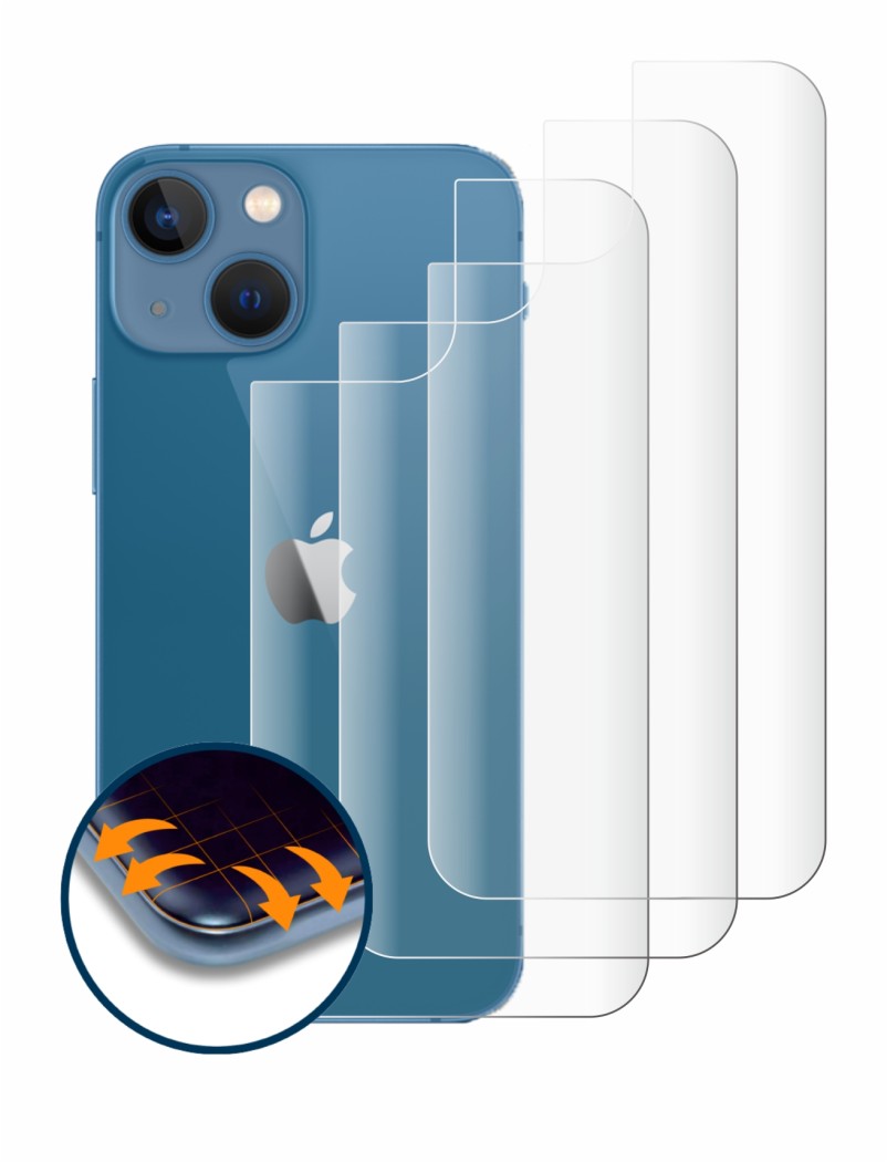 Abbildung des Geräts Apple iPhone 13 mini (Rückseite) mit einer Vielzahl des Displayschutzes.