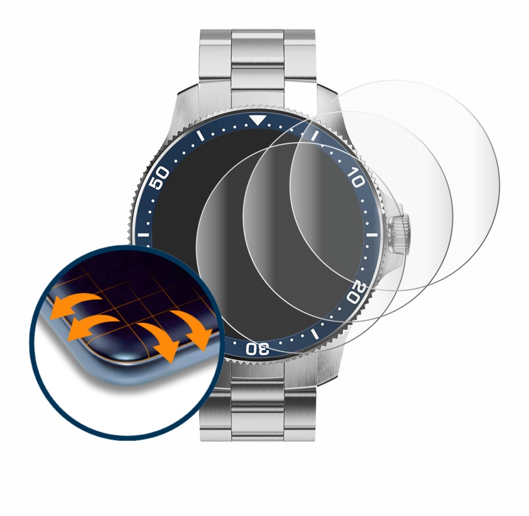 Immagine del dispositivo Withings ScanWatch Horizon (43 mm) con un'ampia varietà di protezioni per lo schermo.