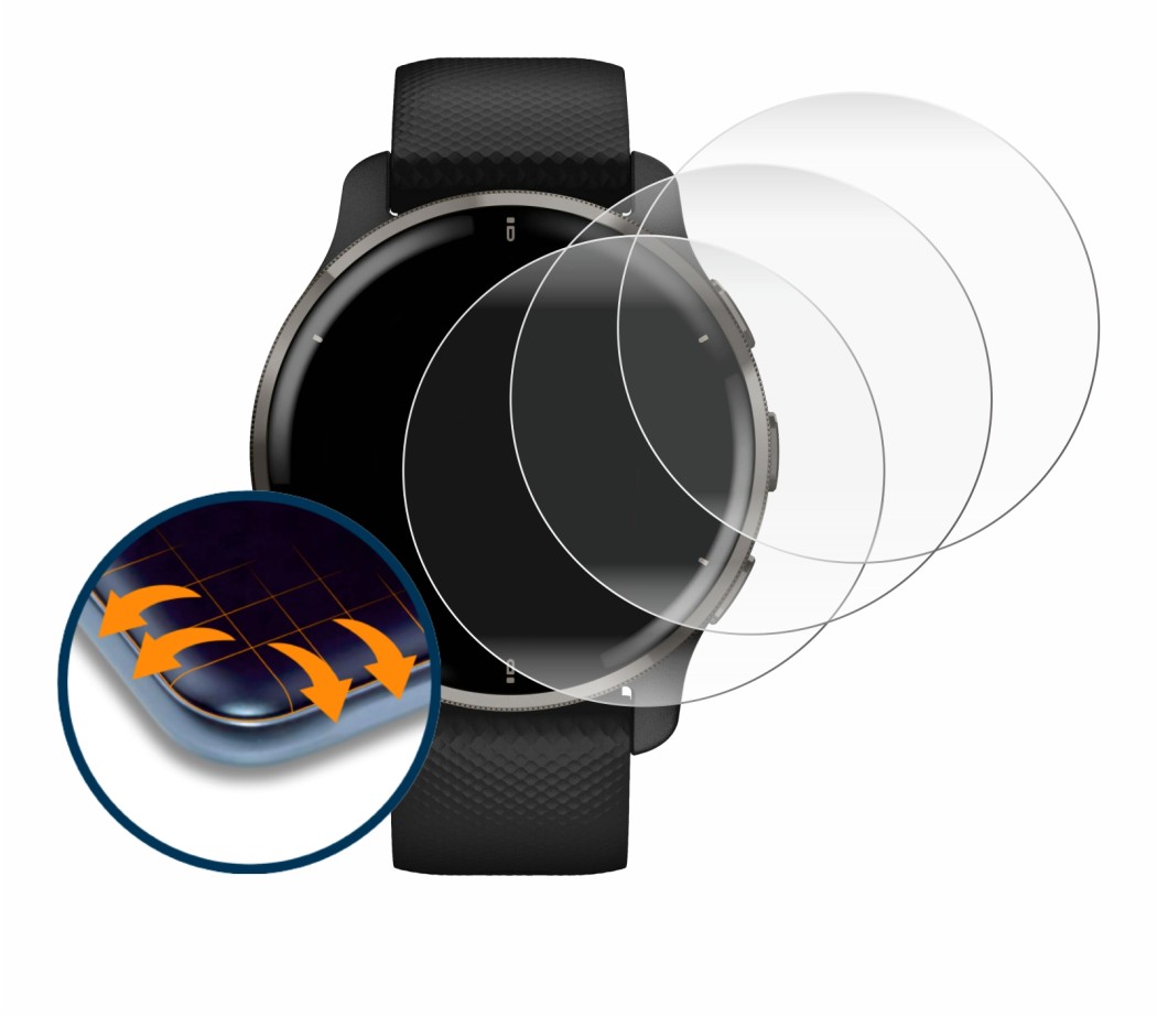 Image de l'appareil Garmin Venu 2 Plus avec une grande variété de protections d'écran.