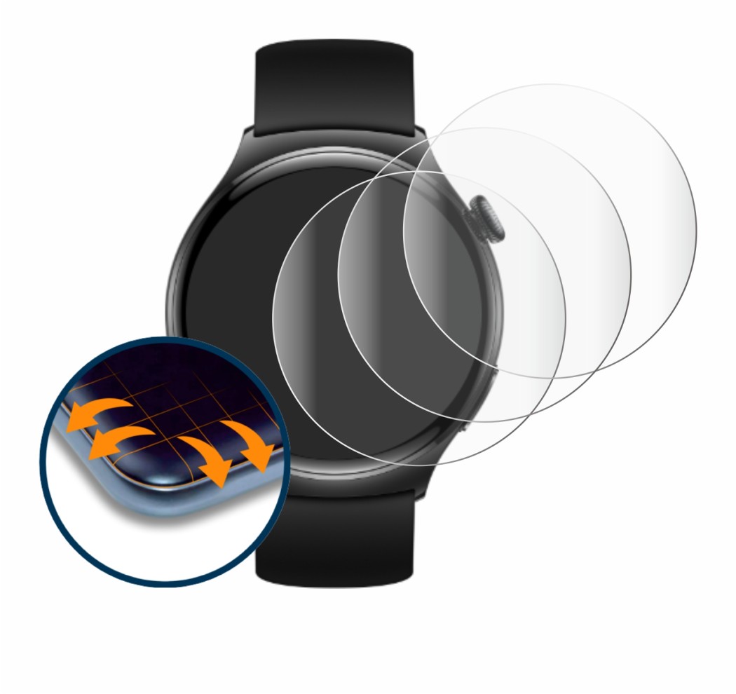 Abbildung des Geräts Huawei Watch 4 mit einer Vielzahl des Displayschutzes.