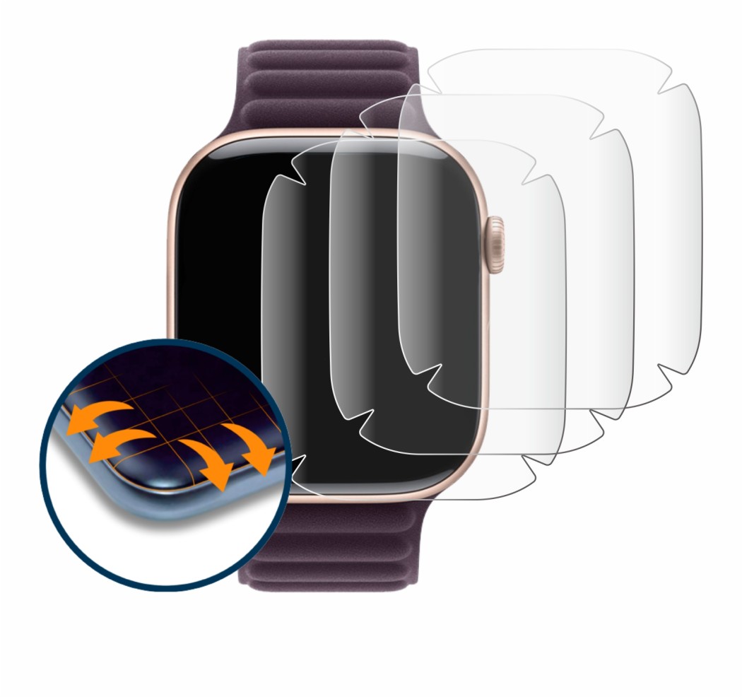 Abbildung des Geräts Apple Watch Series 10 (42 mm) mit einer Vielzahl des Displayschutzes.