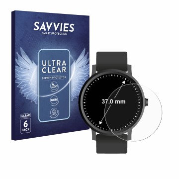 Front side of a product packaging with the brand logo Savvies. Next to it is the device Watches (Circular, ø: 37 mm) shown wit